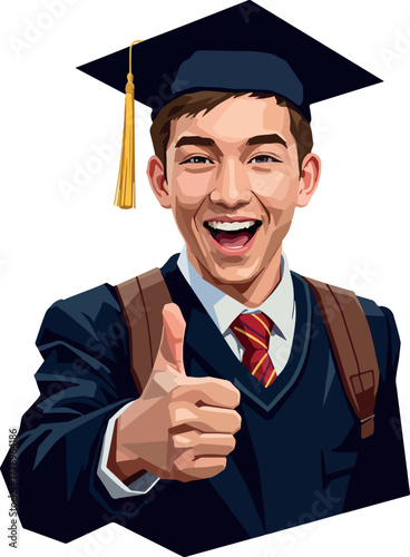Happy Graduate Man Thumbs Up In Cap And Gown Blue Suit Red Tie