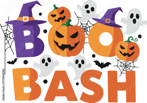 Happy Halloween Boo Bash With Pumpkins Ghosts Bats Witch Hats Spiderwebs