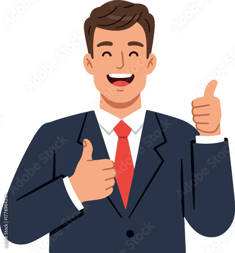 Happy Man In A Navy Blue Suit With Red Tie Gives Thumbs Up