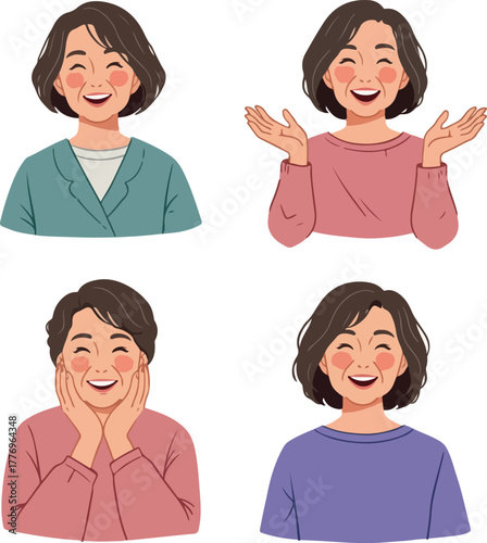 Happy Middle Aged Woman Diverse Poses Emotions Vector Illustration