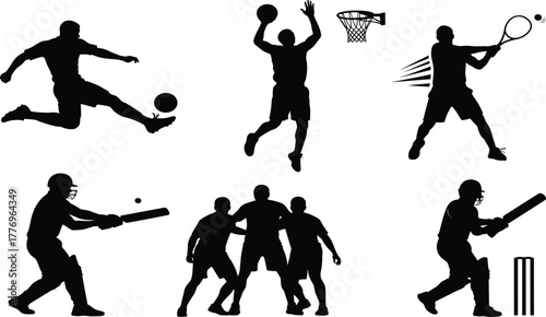 Silhouette collection of multiple sports players including football, basketball, tennis, and cricket athletes performing dynamic action poses for vector illustration design.