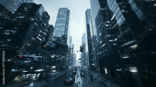 Futuristic Cityscape with Flying Vehicles: Urban Transportation Concept