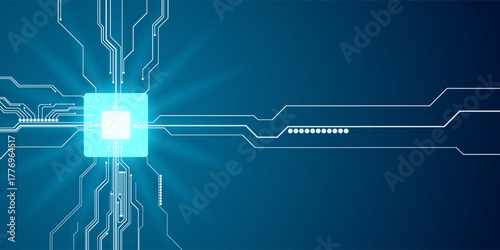 Abstract digital illustration of microchip board on snowflake shape on blue background. Technology concept image. Happy new year and merry christmas card.