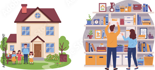 Family standing outside suburban house, parents with children, home exterior, indoor shelf organization, couple arranging items, lifestyle, domestic scene