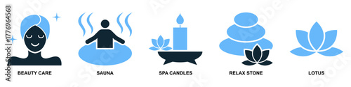 Set spa and beauty icon vector. Collection for wellness, cosmetics, and luxury relaxation themes. Features graphics for salon services, body care, and pampering treatments.