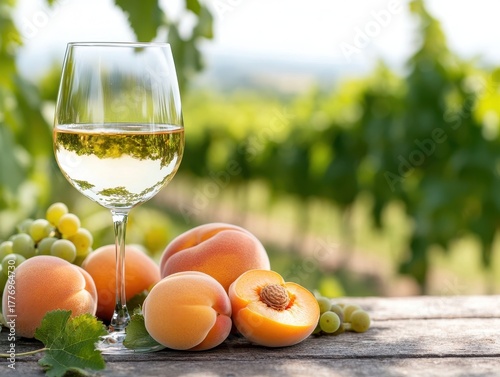 Elegant Glass of Chardonnay Surrounded by Fresh Peach Slices