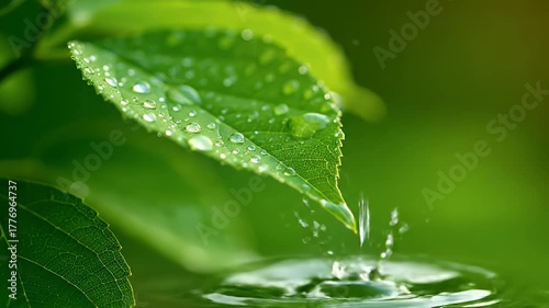 Fresh Green Leaf with Water Droplets Splashing into Water