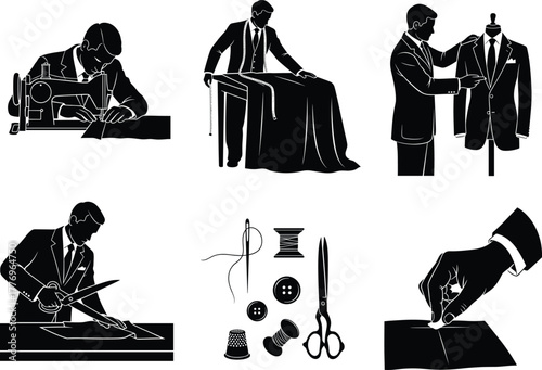 Tailoring Suit Process Silhouette Vector Showing Sewing, Measuring, Cutting, Draping, Pinning, Tools, Fashion Design, Craftsmanship, Needlework, Illustration