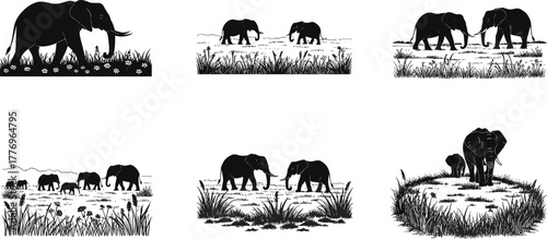 Elephant silhouettes, wildlife scene, grassy field, elephant family, nature illustration, black and white, safari animals, peaceful habitat, herd behavior