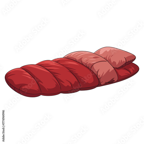 Red sleeping bag with pillow illustration on white background perfect for camping hiking travel outdoor adventure or cozy night gear creative artwork