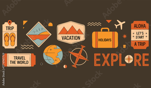 Travel stickers set vintage y2k patches badges with airplane mountains beach palm trees and suitcase flat vector illustration collection for tourism vacation journey