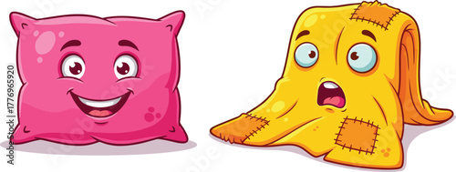Cute cartoon pillow and blanket characters, expressive faces, surprised emotion, kids illustration, colorful bedding, animated home decor, playful design