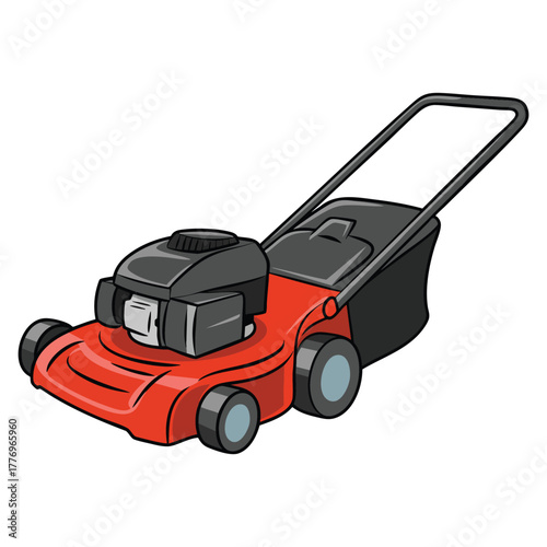 Vector illustration of a red lawnmower close up perfect for outdoor maintenance gardening landscaping tool or home cleaning artwork and design concept
