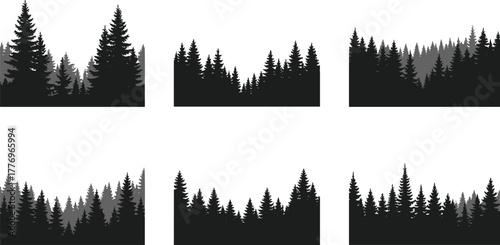 Coniferous forest silhouette, pine tree landscape, black and white nature scene, misty woods illustration, evergreen wilderness, layered forest art