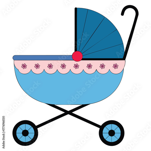 Vector illustration of baby buggy on white background isolated ideal for stroller baby products nursery themed design and newborn creative artwork