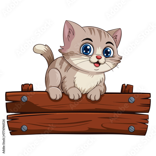 Vector illustration of cat with empty wooden board on white background isolated suitable for animal cartoon humor sign display or creative design projects