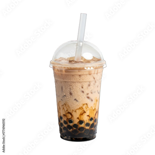 Cuadro en lienzo Refreshing brown sugar boba milk tea with tapioca pearls on white background