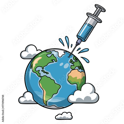 Vector illustration of earth with syringe save the world theme isolated design ideal for health, vaccination, environmental protection, and global awareness artwork