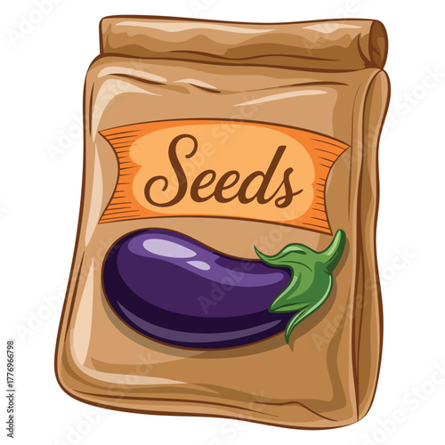 Vector illustration of eggplant seed pouch isolated on white background suitable for gardening agriculture planting or vegetable cultivation creative artwork