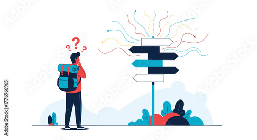 A confused traveler with a backpack stands before a signpost with many arrows, contemplating multiple directions and difficult choices on a journey.