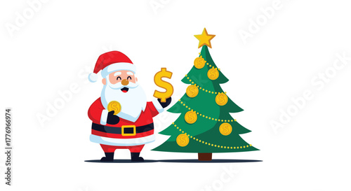 Santa Claus celebrates a financially prosperous Christmas, holding a dollar sign and standing by a tree decorated with money, representing holiday wealth.