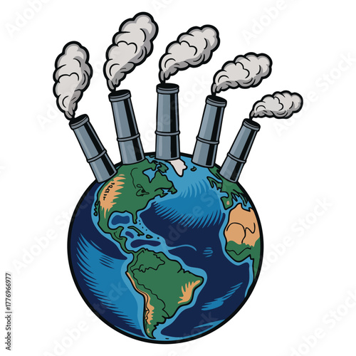 Vector illustration of global warming theme with earth and factory isolated suitable for climate change campaign environmental education and eco design concepts