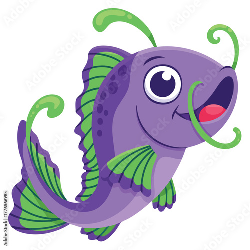 Vector illustration of giant catfish with purple mustache smiling face doodle icon kawaii style perfect for cartoon aquatic or cute animal themed artwork