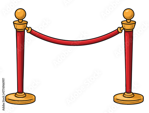 Vector illustration of golden barrier entrance gate with red rope isolated on white background suitable for vip event ceremony luxury or red carpet theme