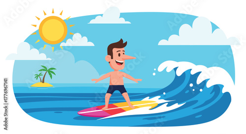 A cheerful cartoon man with a long nose surfs a vibrant board on an ocean wave under a sunny sky, with clouds and a small tropical island visible.