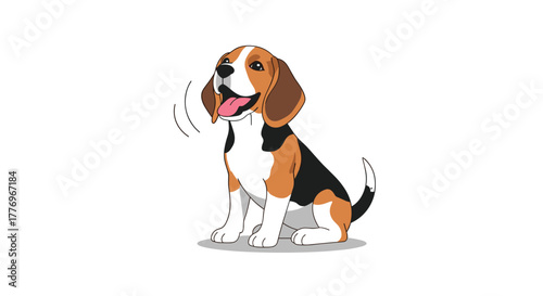 A cheerful and friendly tricolor beagle dog sits attentively with its tongue out, appearing to bark or communicate playfully in a vibrant cartoon illustration.