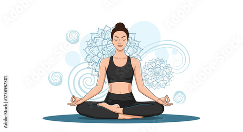 A young woman in workout clothes meditates peacefully in a lotus position with eyes closed, surrounded by ethereal blue mandala patterns.