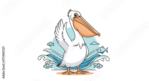 A charming cartoon pelican stands proudly in the ocean waves with small fish swimming nearby, perfect for a cheerful marine illustration.