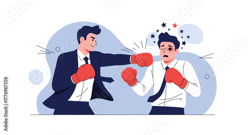 Two determined businessmen in boxing gloves engage in a fierce competitive match, with one landing a powerful punch on his rival.