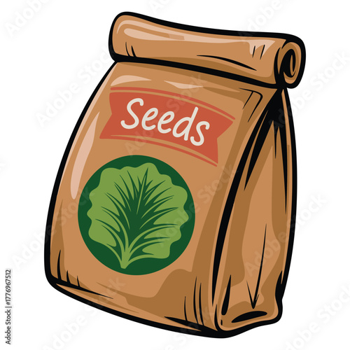 Vector illustration of paper pouch with seeds isolated on white background suitable for gardening planting agriculture or organic seed product themed artwork