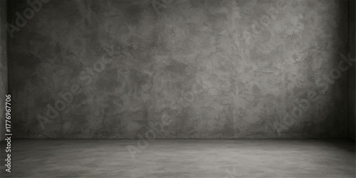 Empty room interior with grunge concrete wall and dark wood floor for a vintage urban backdrop