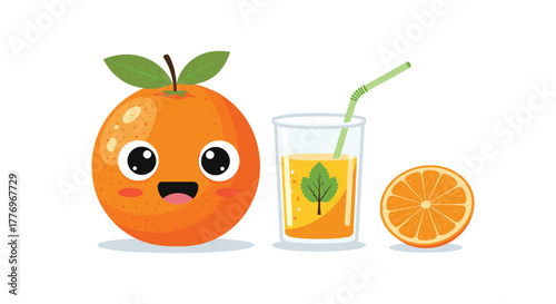 Happy animated orange character next to a refreshing glass of orange juice and a perfectly cut orange slice.