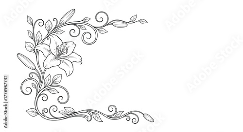 Ornate corner design featuring a beautiful lily flower and buds intertwined with decorative swirling vines and leaves in monochrome line art.
