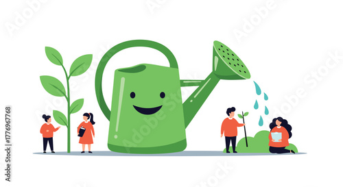 A large, friendly watering can waters thriving plants, while small people cultivate and nurture nature, symbolizing growth, sustainability, and environmental care.