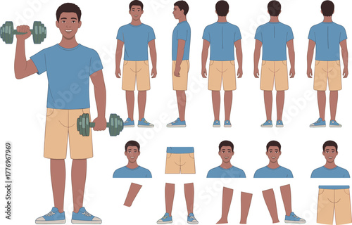 Fitness man character set with dumbbells, gym workout poses, athletic body, sportswear outfit, healthy lifestyle, editable vector illustration