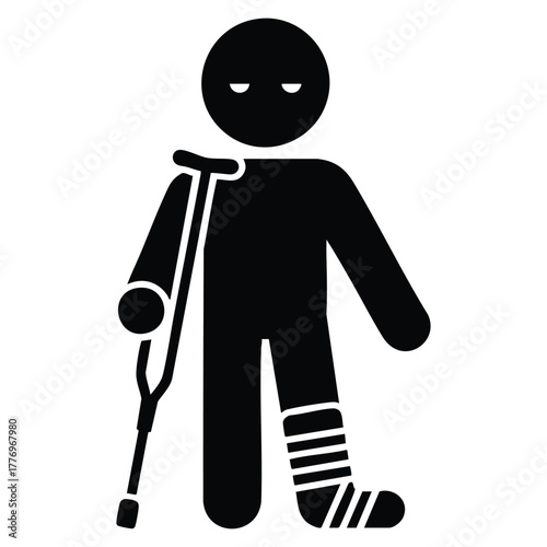 Man with crutch flat icon vector illustration black and white style isolated design perfect for health care disability rehabilitation or accessibility themed artwork