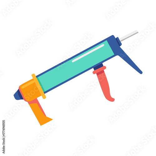 A colorful cartoon caulking gun with tube and nozzle