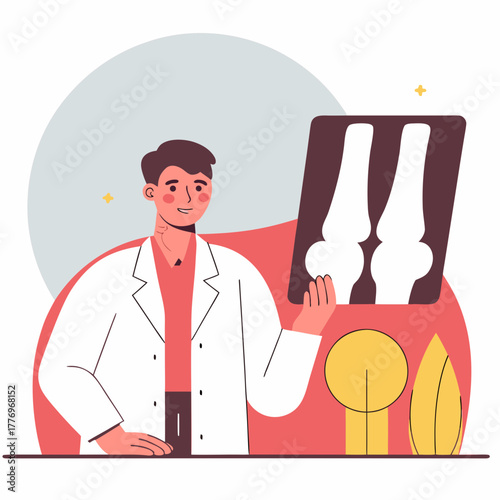 A doctor examining a knee xray in a medical setting