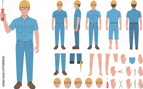 Industrial worker character set holding screwdriver and wrench, mechanic poses, blue uniform, safety helmet, editable vector parts, maintenance illustration