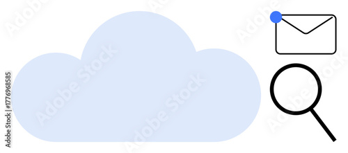 Blue cloud next to envelope with notification dot and magnifying glass. Ideal for data storage, organization, communication, backup, cloud technology, search systems, and tech workflow. Clean flat