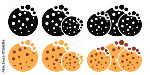 Bitten Chocolate Chip Cookie Icon Set.