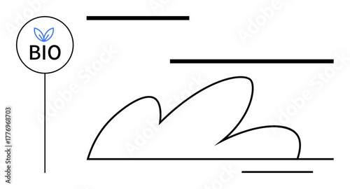 Leaf inside circular bio label, cloud-shaped lines, and minimalist strokes. Ideal for sustainability, ecology, organic products, environment, green living, branding simple flat metaphor