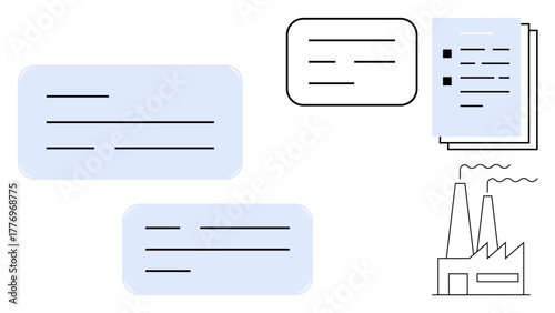 Speech bubbles, documents, and a factory outline highlighting information exchange. Ideal for communication, workflow, industry, productivity, teamwork, document sharing simple flat metaphor