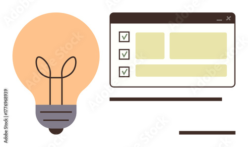 Lightbulb beside a checklist window with multiple checkmarks symbolizes creativity, productivity, problem-solving, goal planning, and task completion. Ideal for innovation, teamwork, strategy