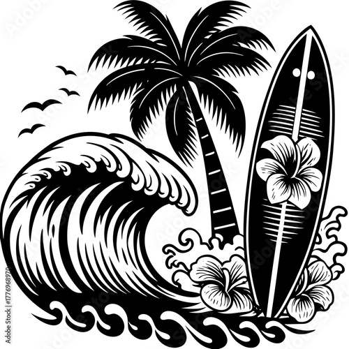 Silhouette Of Surfboard With Palm Tree and Wave on Beach