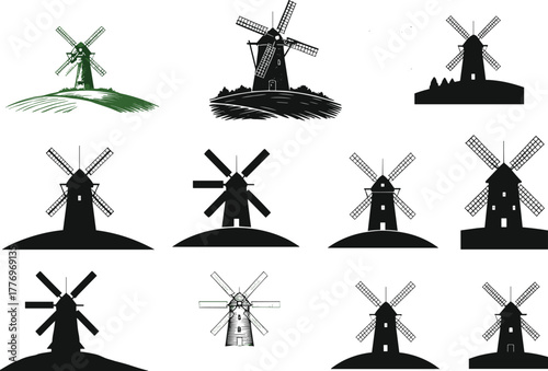 Stylized Windmill Vector Set Featuring Diverse Designs, Blade Shapes, Silhouettes, and Artistic Backgrounds for Rural, Vintage, and Architectural Themes